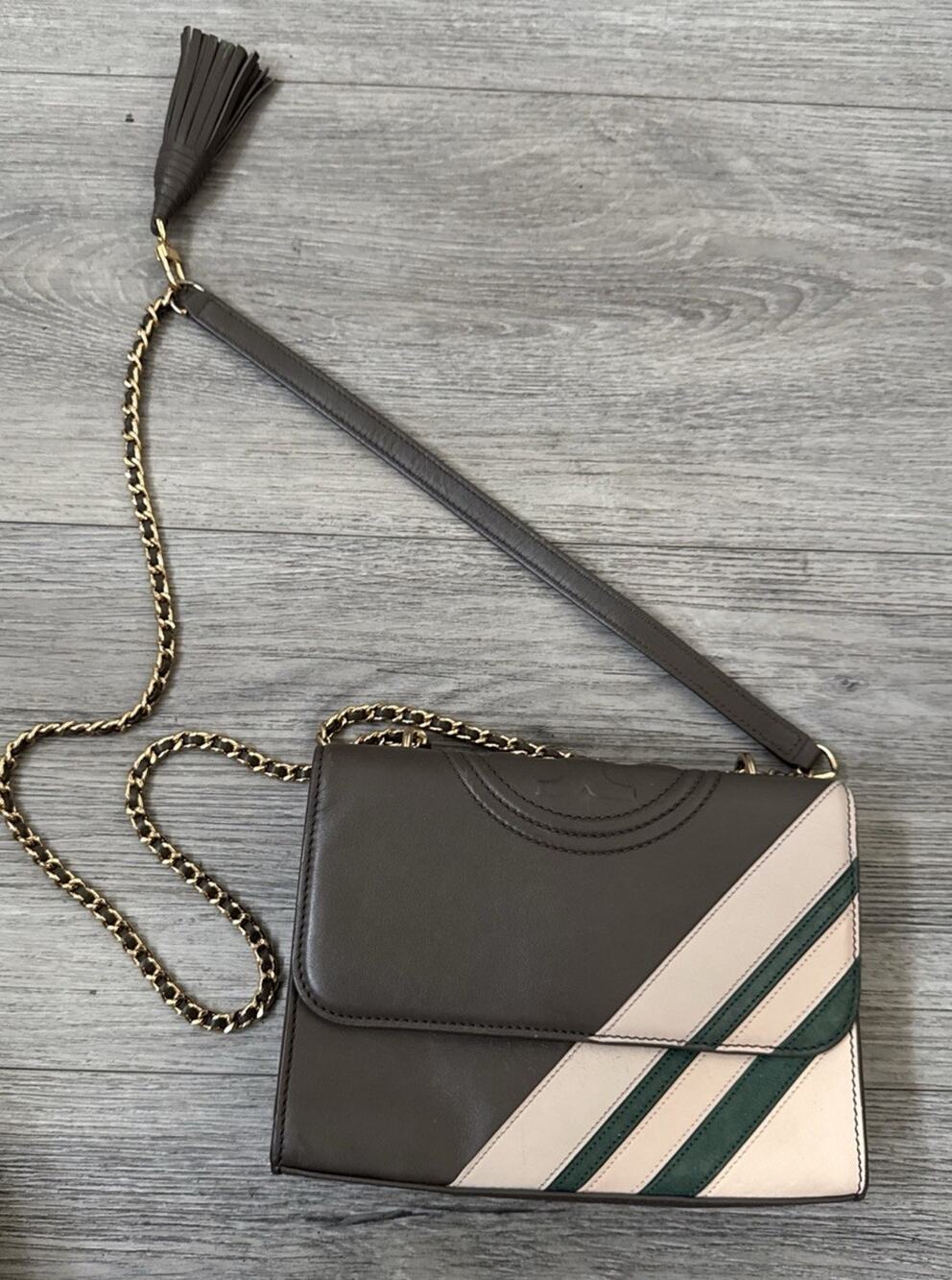 Tory Burch Fleming Matte Small Convertible Shoulder Bag brown green beige